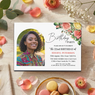 Elegant Floral with Photo 22nd Birthday Party  Invitation