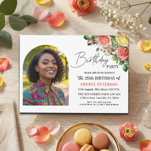 Elegant Floral with Photo 26th Birthday Party Invitation