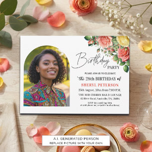 Elegant Floral with Photo 28th Birthday Party Invitation