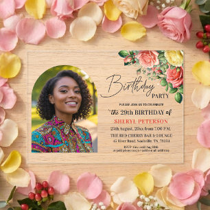 Elegant Floral with Photo 29th Birthday Party  Acrylic Invitations