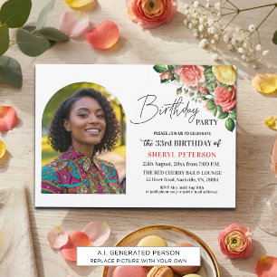 Elegant Floral with Photo 33rd Birthday Party Invitation