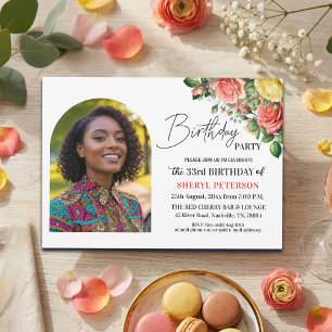 Elegant Floral with Photo 33rd Birthday Party Invitation