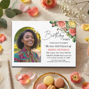 Elegant Floral with Photo 35th Birthday Party  Invitation
