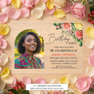 Elegant Floral with Photo 37th Birthday Party Acrylic Invitations