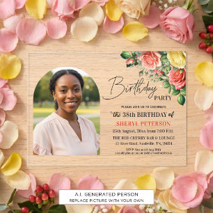 Elegant Floral with Photo 38th Birthday Party Acrylic Invitations