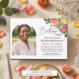 Elegant Floral with Photo 38th Birthday Party Invitation