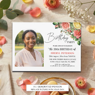 Elegant Floral with Photo 39th Birthday Party  Invitation
