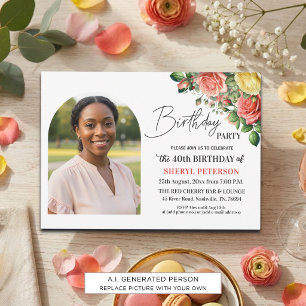 Elegant Floral with Photo 40th Birthday Party  Invitation