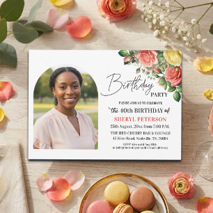 Elegant Floral with Photo 40th Birthday Party  Invitation