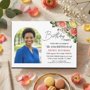 Elegant Floral with Photo 44th Birthday Party  Invitation