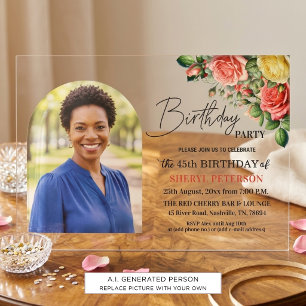 Elegant Floral with Photo 45th Birthday Party  Acrylic Invitations