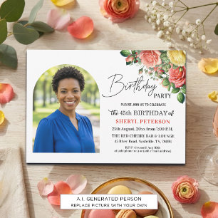Elegant Floral with Photo 45th Birthday Party  Invitation