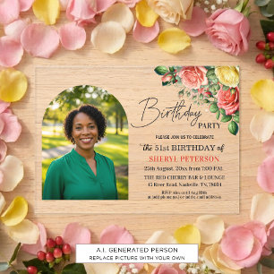 Elegant Floral with Photo 51st Birthday Party Acrylic Invitations
