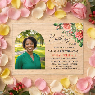 Elegant Floral with Photo 53rd Birthday Party  Acrylic Invitations