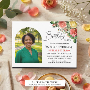 Elegant Floral with Photo 53rd Birthday Party Invitation