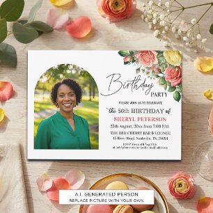 Elegant Floral with Photo 56th Birthday Party Invitation