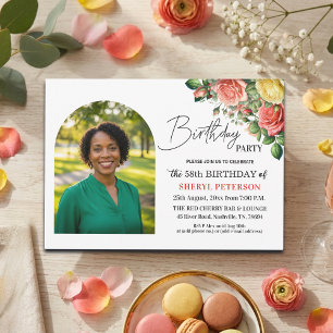 Elegant Floral with Photo 58th Birthday Party  Invitation