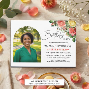 Elegant Floral with Photo 59th Birthday Party  Invitation