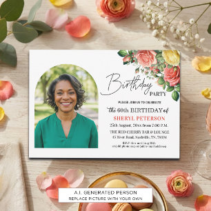 Elegant Floral with Photo 60th Birthday Party Invitation