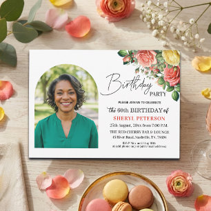 Elegant Floral with Photo 60th Birthday Party  Invitation