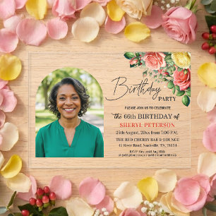 Elegant Floral with Photo 66th Birthday Party  Acrylic Invitations