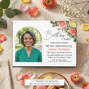 Elegant Floral with Photo 66th Birthday Party Invitation