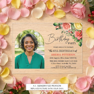 Elegant Floral with Photo 67th Birthday Party Acrylic Invitations