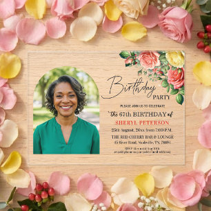Elegant Floral with Photo 67th Birthday Party  Acrylic Invitations