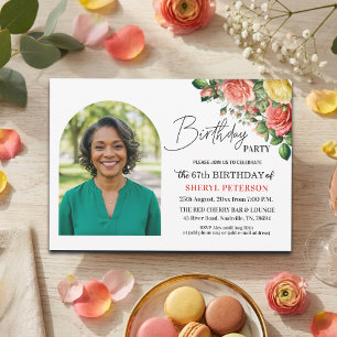 Elegant Floral with Photo 67th Birthday Party Invitation