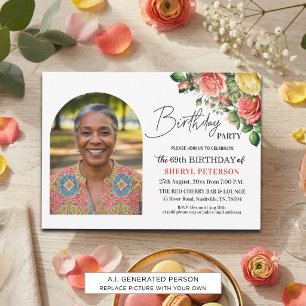 Elegant Floral with Photo 69th Birthday Party Invitation