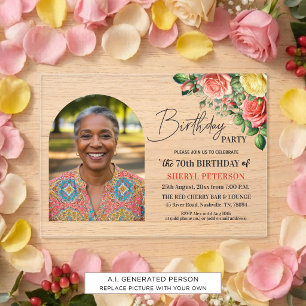 Elegant Floral with Photo 70th Birthday Party Acrylic Invitations
