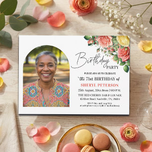 Elegant Floral with Photo 71st Birthday Party  Invitation