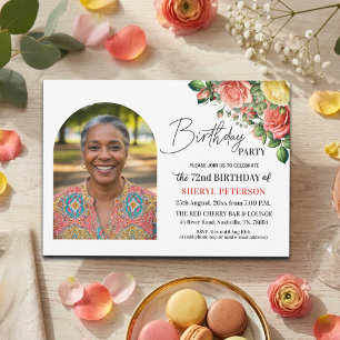 Elegant Floral with Photo 72nd Birthday Party  Invitation