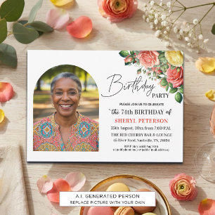 Elegant Floral with Photo 74th Birthday Party  Invitation