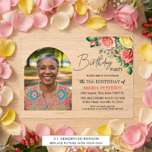 Elegant Floral with Photo 75th Birthday Party Acrylic Invitations