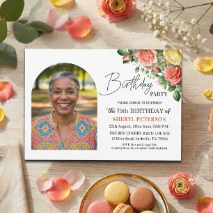 Elegant Floral with Photo 75th Birthday Party Invitation