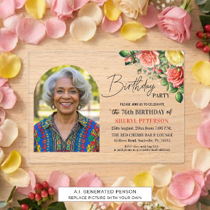 Elegant Floral with Photo 76th Birthday Party Acrylic Invitations