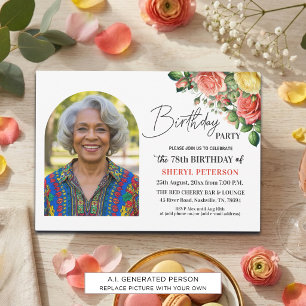 Elegant Floral with Photo 78th Birthday Party Invitation