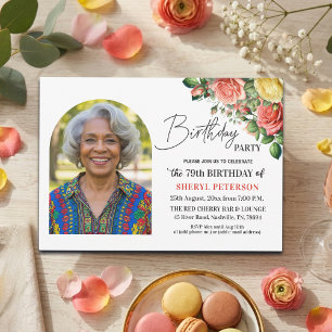 Elegant Floral with Photo 79th Birthday Party  Invitation