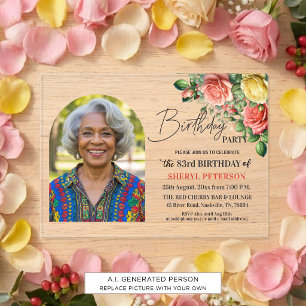 Elegant Floral with Photo 83rd Birthday Party  Acrylic Invitations