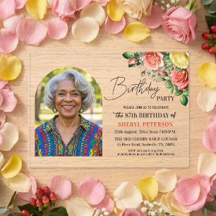 Elegant Floral with Photo 87th Birthday Party  Acrylic Invitations