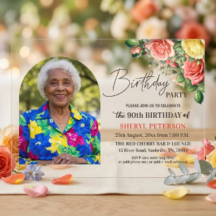 Elegant Floral with Photo 90th Birthday Party Acrylic Invitations