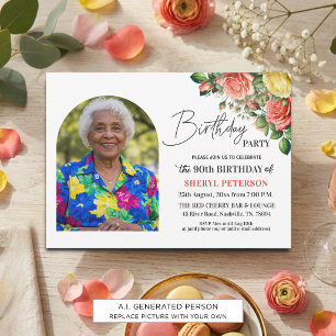 Elegant Floral with Photo 90th Birthday Party  Invitation