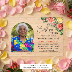 Elegant Floral with Photo 94th Birthday Party Acrylic Invitations