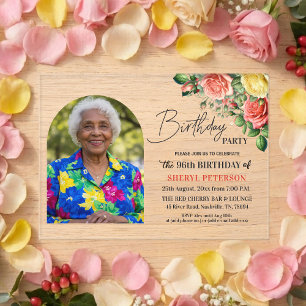 Elegant Floral with Photo 96th Birthday Party  Acrylic Invitations