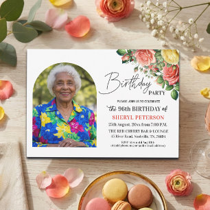 Elegant Floral with Photo 96th Birthday Party  Invitation