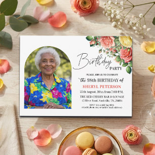 Elegant Floral with Photo 98th Birthday Party Invitation