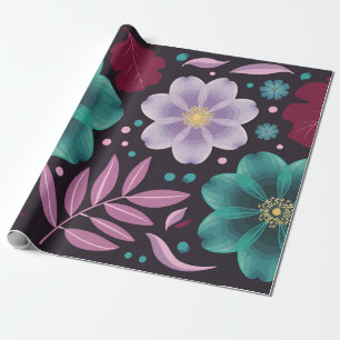 Elegant Floral with Teal and Purple Blossoms Wrapping Paper