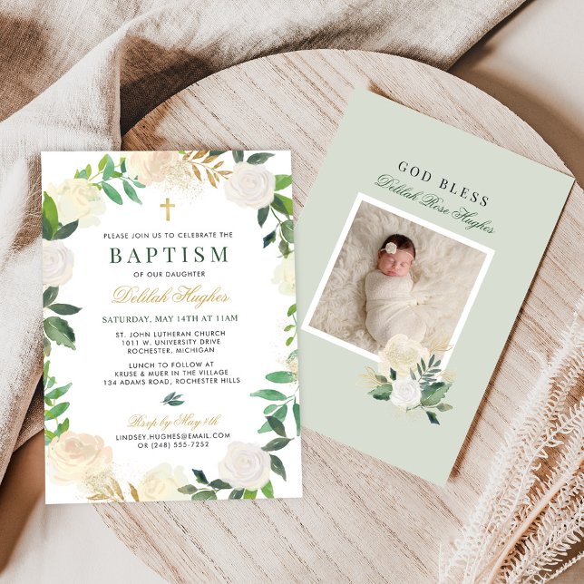 Elegant Floral Wreath Baptism Baby Girl Green Gold Invitation (Creator Uploaded)