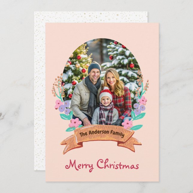 Elegant Floral Wreath Blush Pink Photo Christmas Holiday Card (Front/Back)